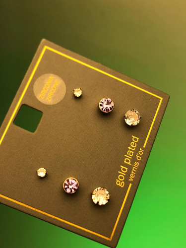 گوشواره ابکاری طلا|پک گوشواره نگین صورتی|پک ۳ تایی گوشواره پکی |پک کریستالی |پک اکسسوری اقتصادی|گوشواره شیشه ای|گوشواره ترند